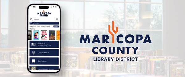maricopa county library district logo and app on a mobile phone