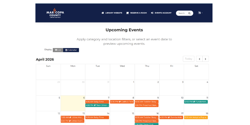 a preview of the new events calendar showing top navigation bar and top of event calendar