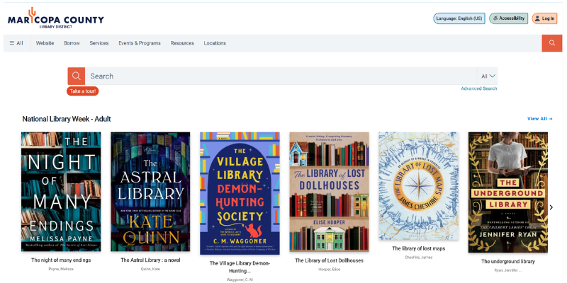 a preview of the new online catalog webpage which has navigation bar, search bar, and a series of book covers