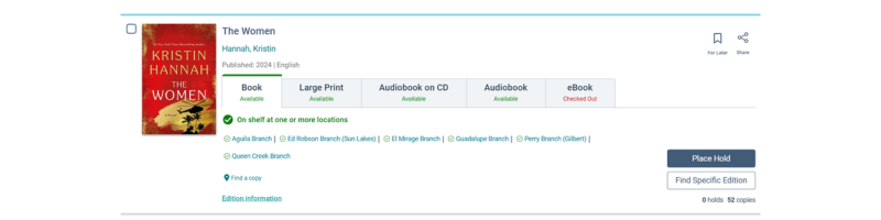 a search in the catalog for the title The Women shows 5 different formats available to check out