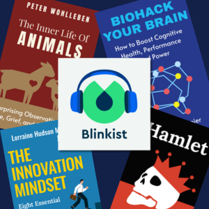 Blinkist logo with nonfiction booktitles