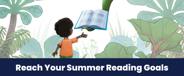 Reach Your Summer Reading Goals banner with illustration of child reaching for a book from a dinosaur