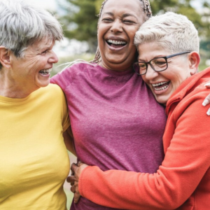 Three senior women in fitness attire