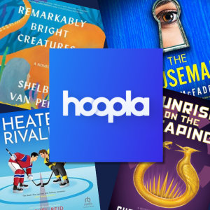 Hoopla logo with books behind