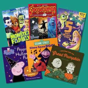 A collection of 6 Halloween-themed books and audiobooks for kids