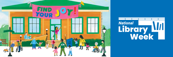 Illustrated library with diverse crowd and National Library Week logo