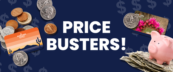 Price Busters - text with coins, a piggy bank, library cards