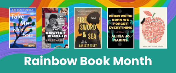 Rainbow Book Month text below 5 book covers on a rainbow background