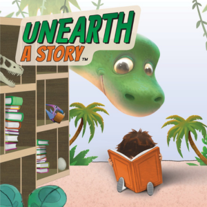Dinosaur watching a child read with the text Unearth a Story