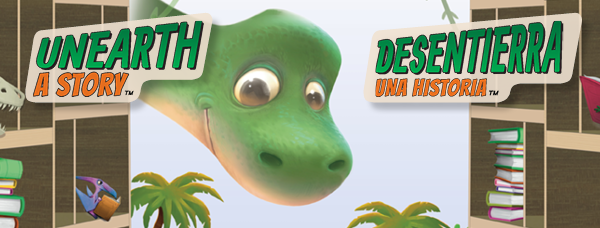 Unearth a Story / Desentierra Una Historia text with green brontosaurus head