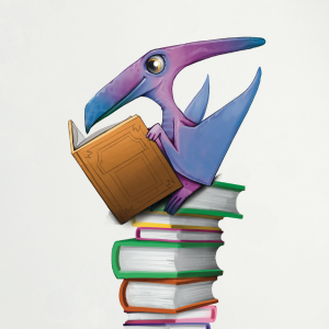 pterodactyl reading a book on a stack of books