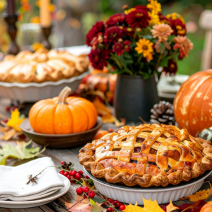 A Thanksgiving themed table with pies, flowers and pumpkins